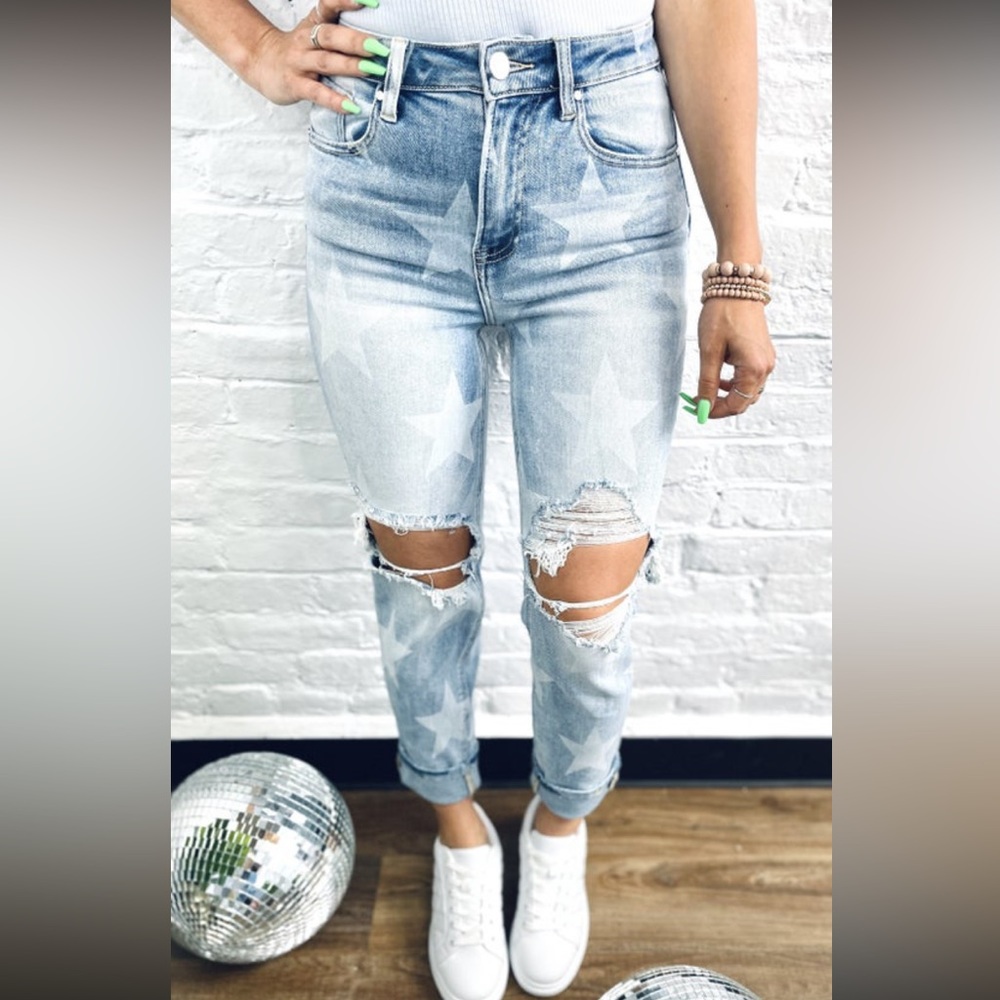NWT RISEN | High Rise Slouch Bleached Star Distressed Jeans, Size 11/30